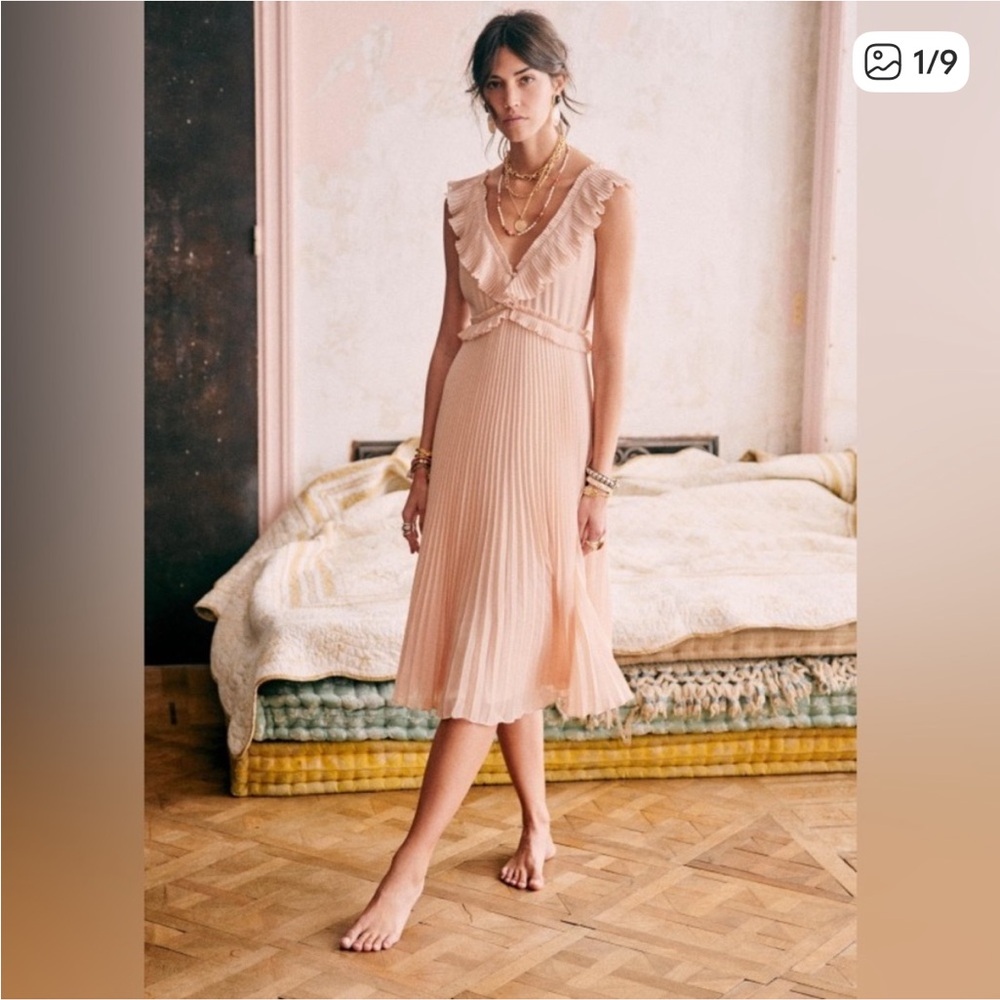 Sezane Pleated V-Neck Ruffle Midi Dress in Blush Peach